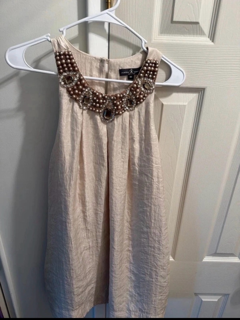 Alexia Admor Beige Embellished Mini Dress with Pearl Neckline